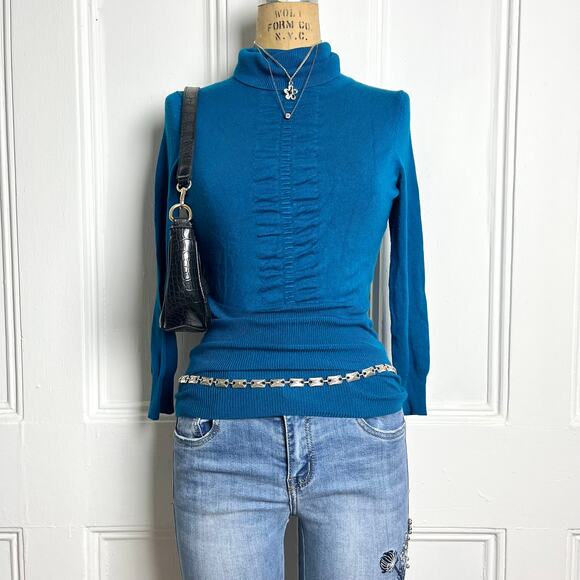 Express blue long sleeve ribbed turtleneck with scrunched front design, size xs - Picture 2 of 7